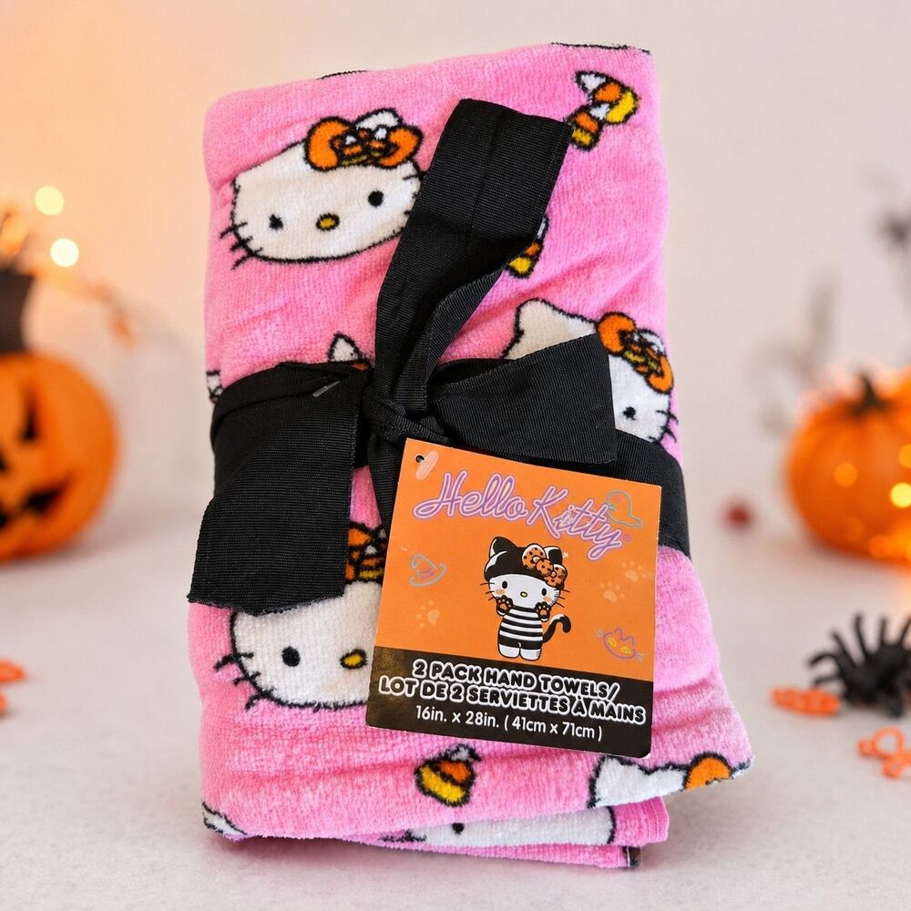 Hello Kitty Halloween Hand Towels 2 Pack Pink Candy Corn 16x28 Cotton NWT Cat